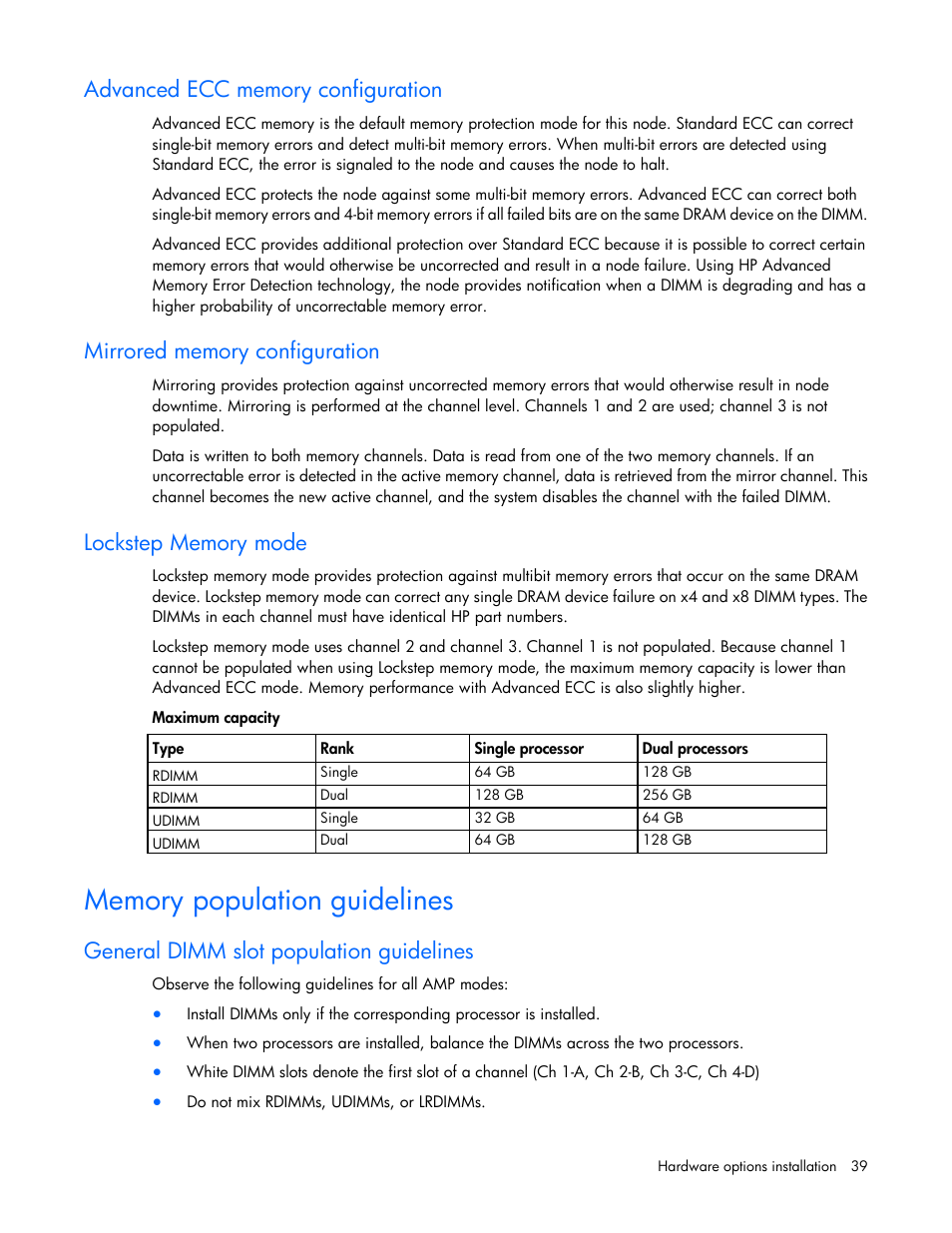 Advanced ecc memory configuration, Mirrored memory configuration, Lockstep memory mode | Memory population guidelines, General dimm slot population guidelines | HP ProLiant SL210t Gen8 Server User Manual | Page 39 / 103