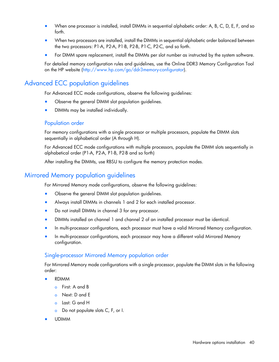 Advanced ecc population guidelines, Population order, Mirrored memory population guidelines | Single-processor mirrored memory population order | HP ProLiant SL210t Gen8 Server User Manual | Page 40 / 103