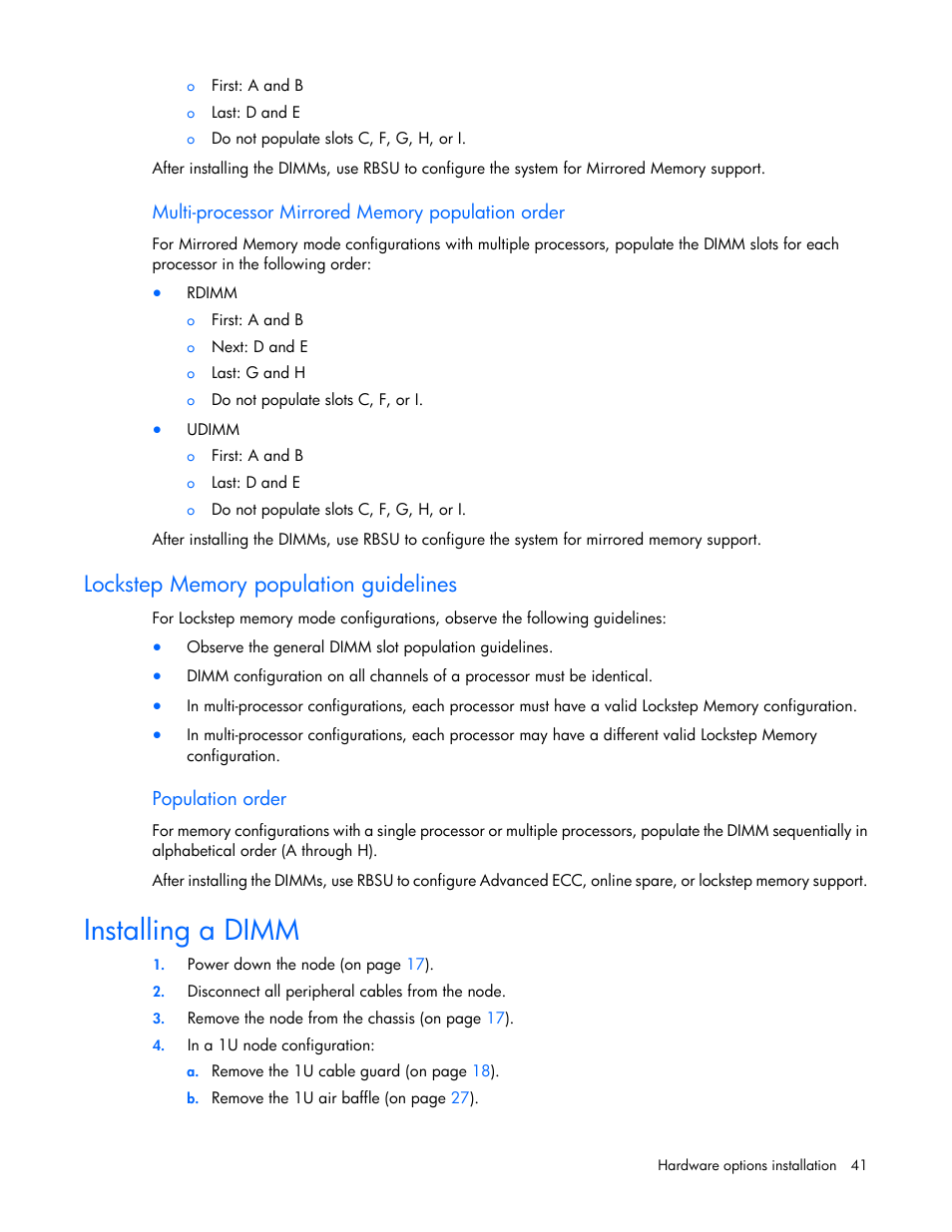 Multi-processor mirrored memory population order, Lockstep memory population guidelines, Population order | Installing a dimm | HP ProLiant SL210t Gen8 Server User Manual | Page 41 / 103