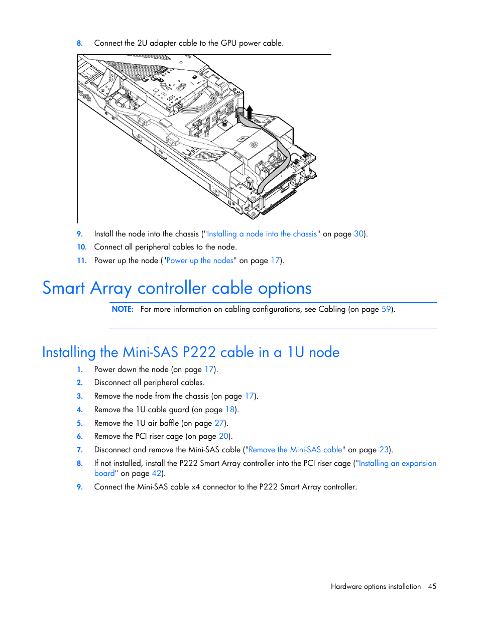 Smart array controller cable options, Installing the mini-sas p222 cable in a 1u node | HP ProLiant SL210t Gen8 Server User Manual | Page 45 / 103