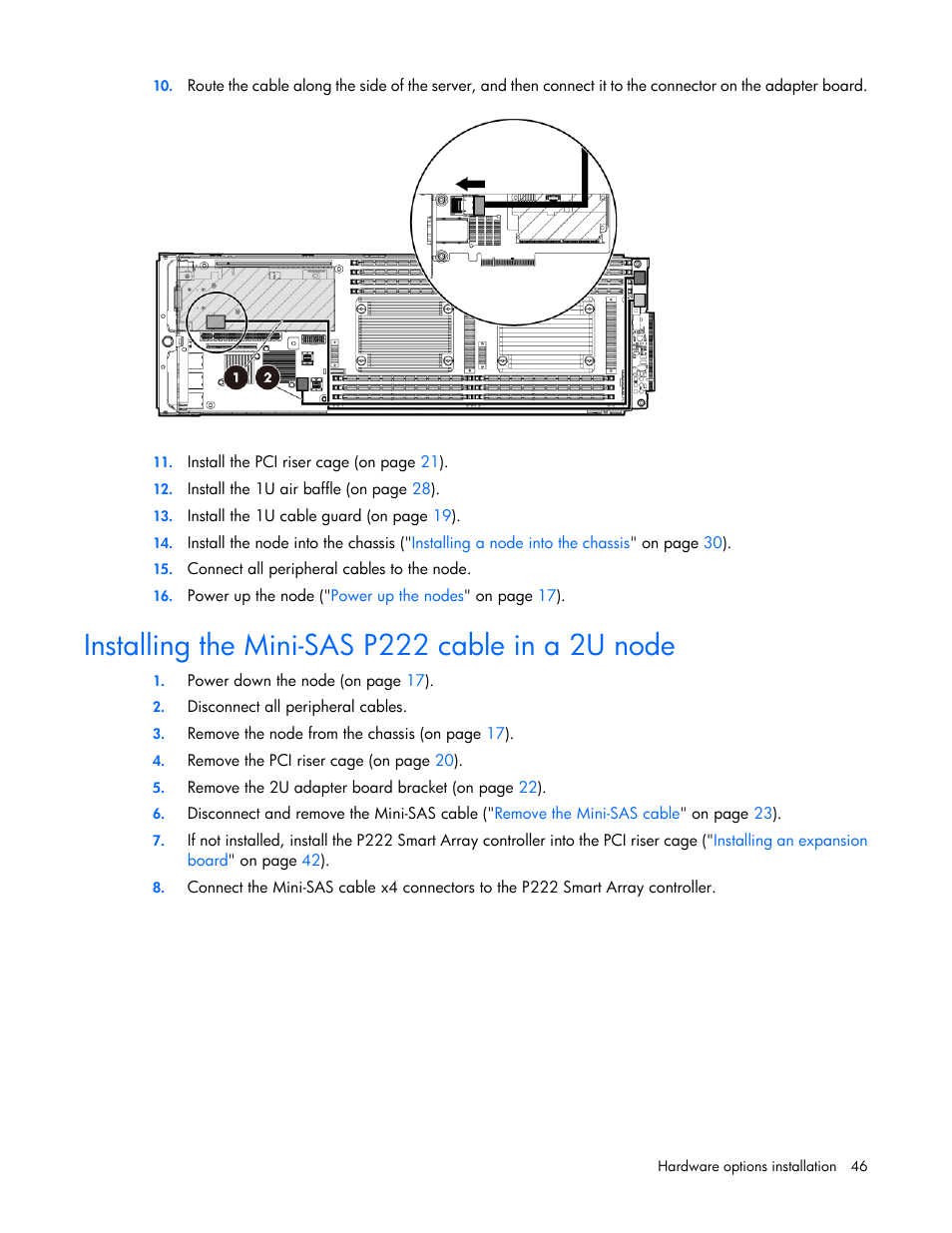 Installing the mini-sas p222 cable in a 2u node | HP ProLiant SL210t Gen8 Server User Manual | Page 46 / 103