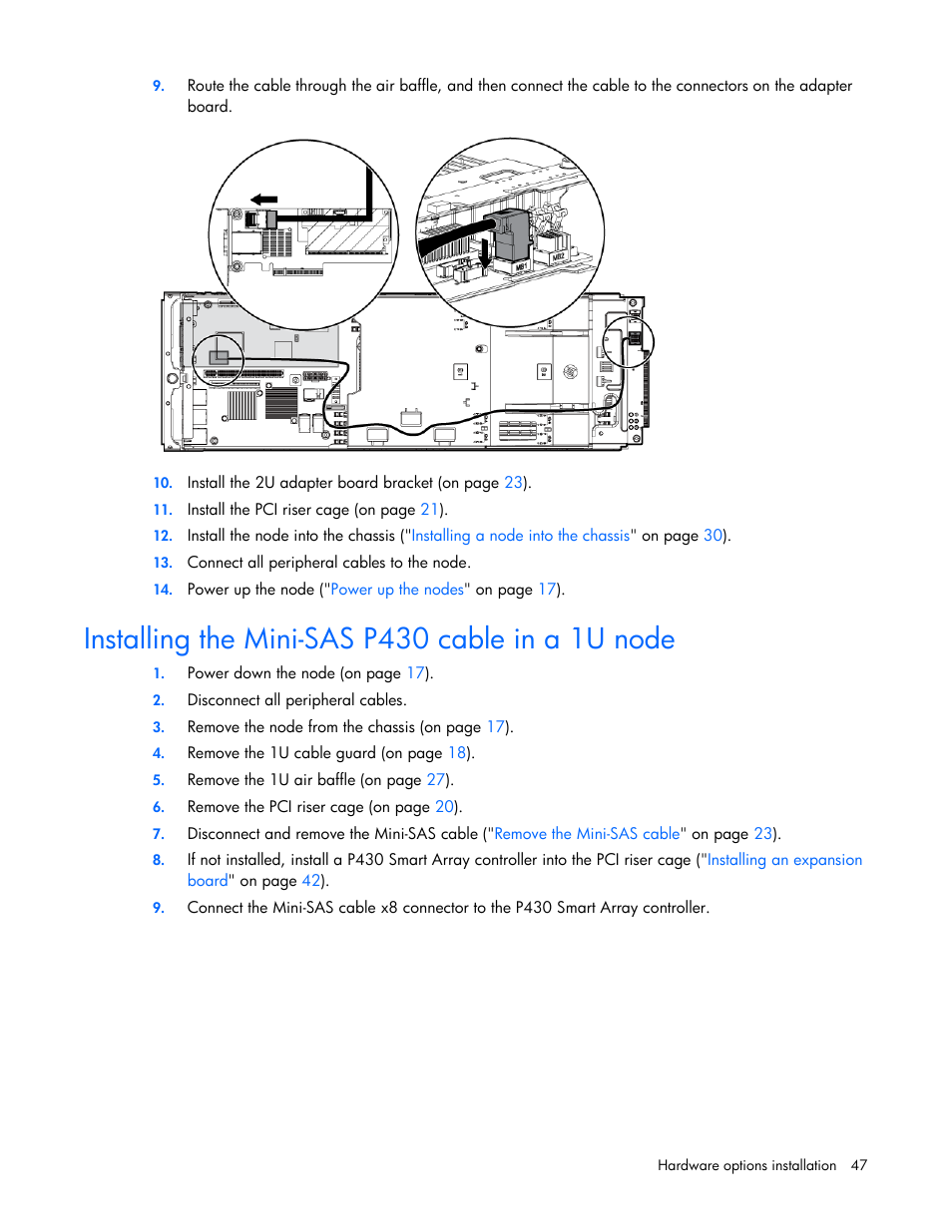 Installing the mini-sas p430 cable in a 1u node | HP ProLiant SL210t Gen8 Server User Manual | Page 47 / 103