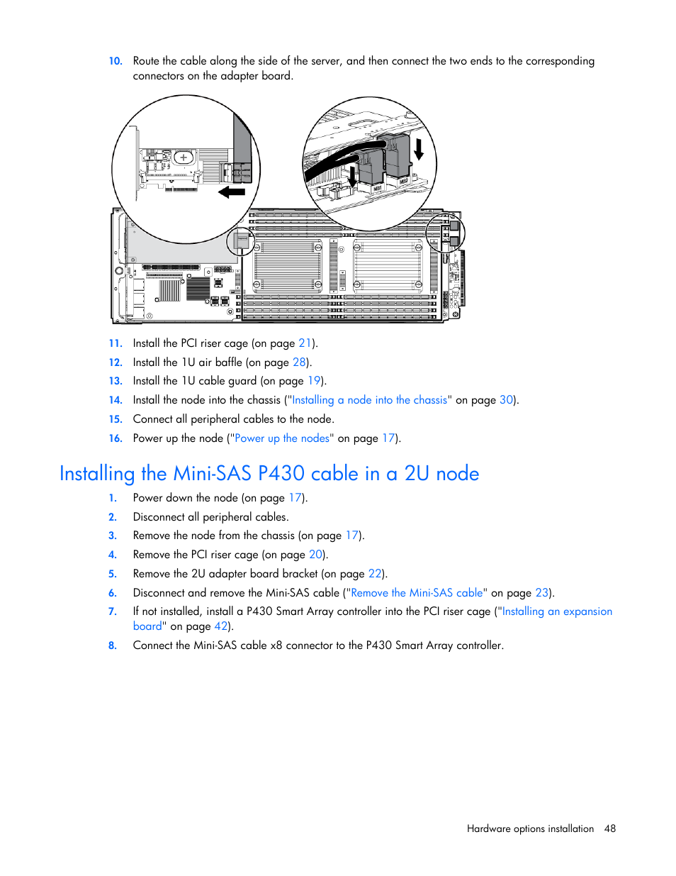 Installing the mini-sas p430 cable in a 2u node | HP ProLiant SL210t Gen8 Server User Manual | Page 48 / 103