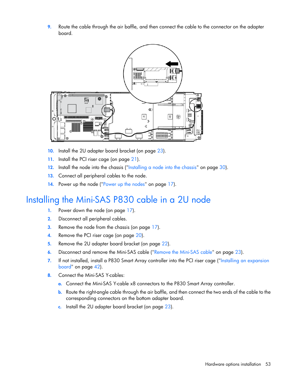 Installing the mini-sas p830 cable in a 2u node | HP ProLiant SL210t Gen8 Server User Manual | Page 53 / 103