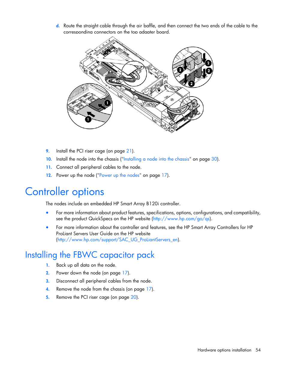 Controller options, Installing the fbwc capacitor pack | HP ProLiant SL210t Gen8 Server User Manual | Page 54 / 103