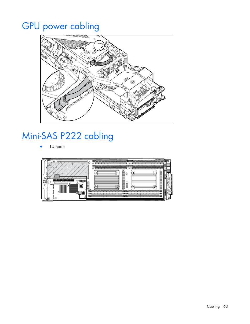 Gpu power cabling, Mini-sas p222 cabling | HP ProLiant SL210t Gen8 Server User Manual | Page 63 / 103