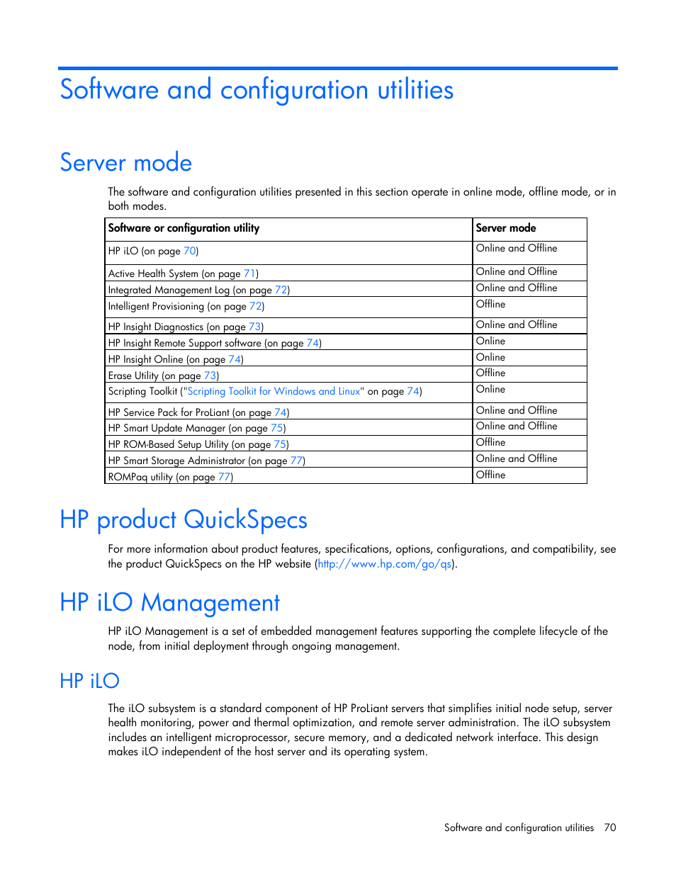 Software and configuration utilities, Server mode, Hp product quickspecs | Hp ilo management, Hp ilo | HP ProLiant SL210t Gen8 Server User Manual | Page 70 / 103