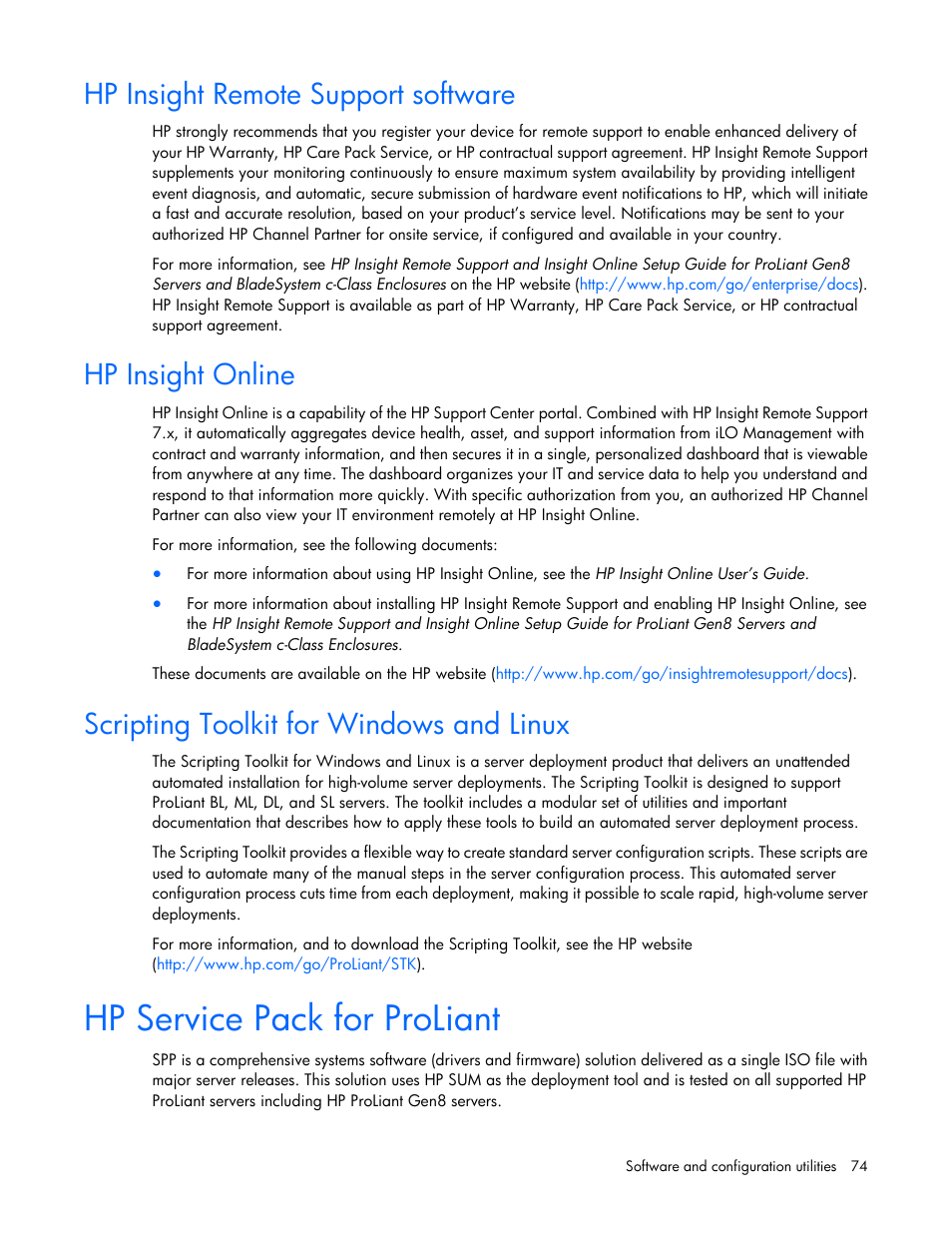 Hp insight remote support software, Hp insight online, Scripting toolkit for windows and linux | Hp service pack for proliant | HP ProLiant SL210t Gen8 Server User Manual | Page 74 / 103