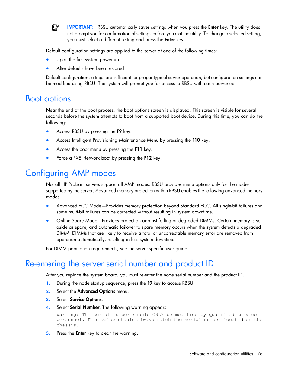 Boot options, Configuring amp modes | HP ProLiant SL210t Gen8 Server User Manual | Page 76 / 103