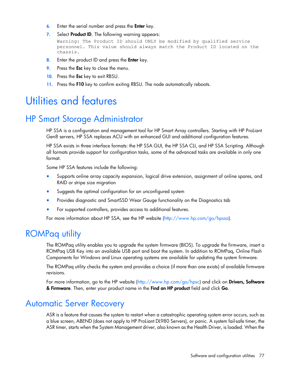 Utilities and features, Hp smart storage administrator, Rompaq utility | Automatic server recovery | HP ProLiant SL210t Gen8 Server User Manual | Page 77 / 103