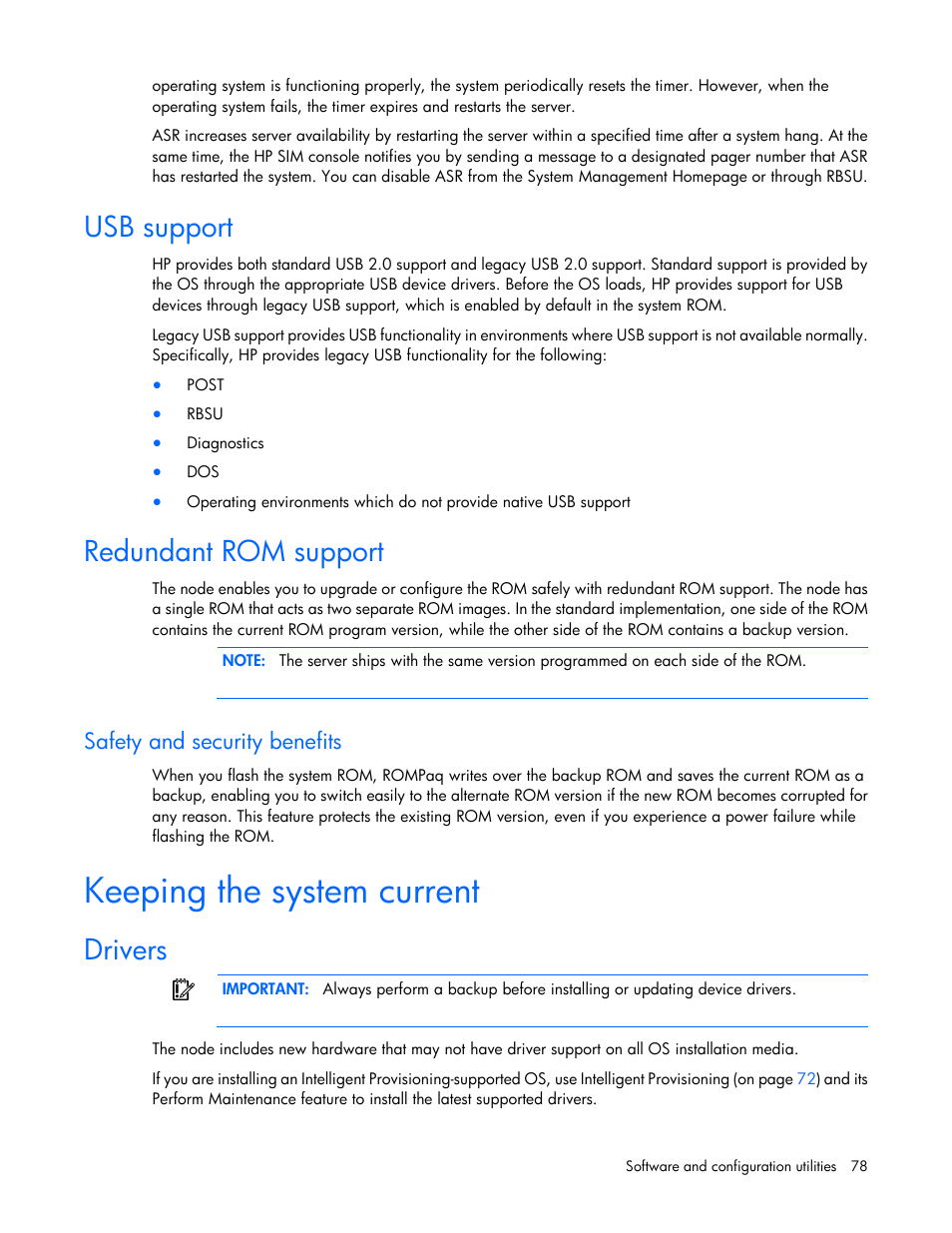 Usb support, Redundant rom support, Safety and security benefits | Keeping the system current, Drivers | HP ProLiant SL210t Gen8 Server User Manual | Page 78 / 103