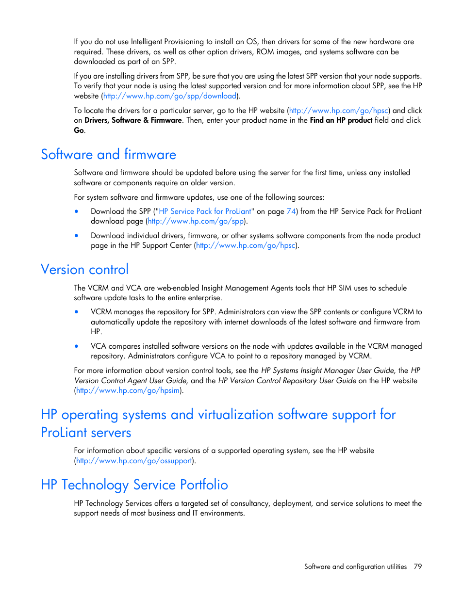 Software and firmware, Version control, Hp technology service portfolio | HP ProLiant SL210t Gen8 Server User Manual | Page 79 / 103