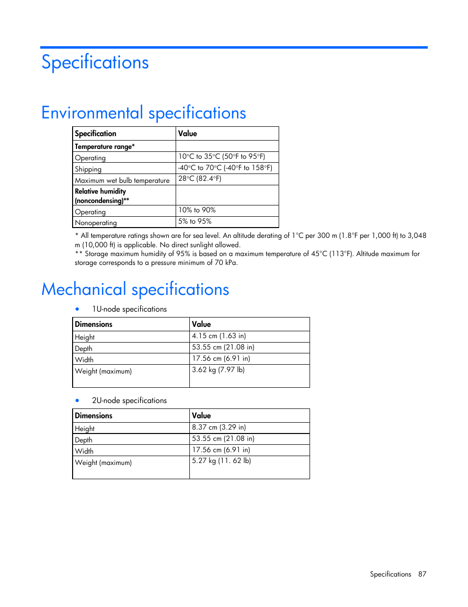 Specifications, Environmental specifications, Mechanical specifications | HP ProLiant SL210t Gen8 Server User Manual | Page 87 / 103