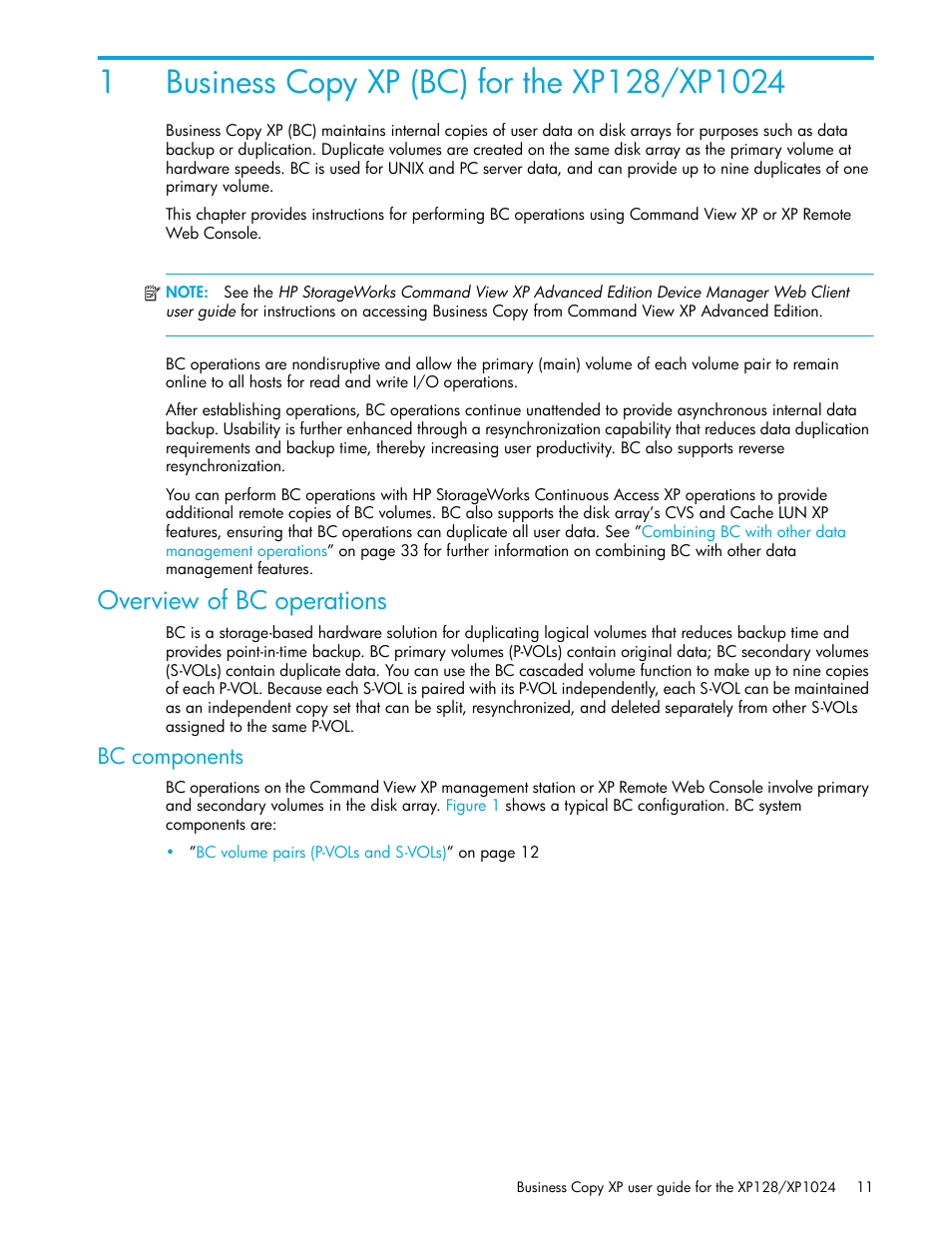 Business copy xp (bc) for the xp128/xp1024, Overview of bc operations, Bc components | 1 business copy xp (bc) for the xp128/xp1024 | HP XP Business Copy Software User Manual | Page 11 / 70