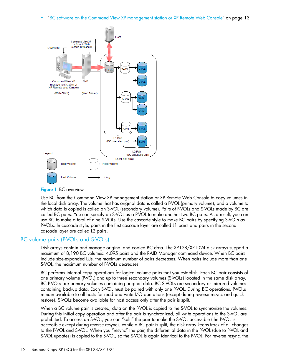 Figure 1 bc overview, Bc volume pairs (p-vols and s-vols), 1 bc overview | Figure 1 | HP XP Business Copy Software User Manual | Page 12 / 70