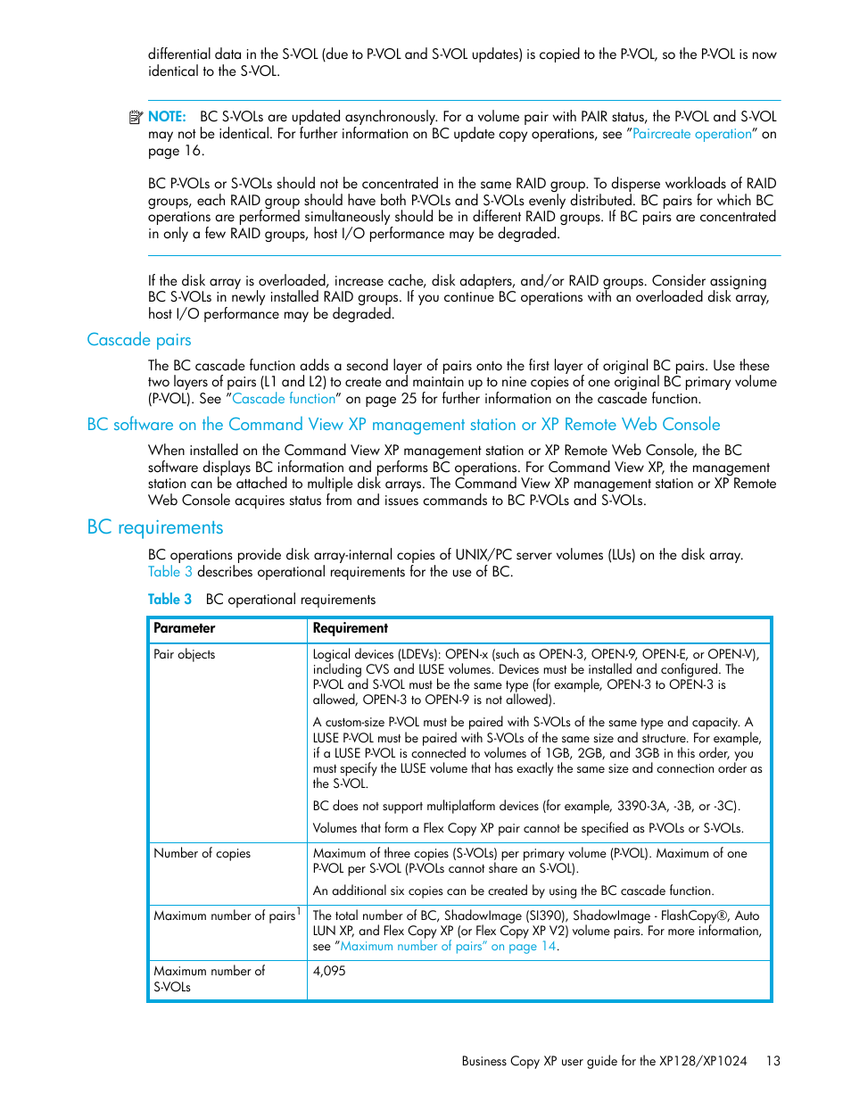 Cascade pairs, Bc requirements, Table 3 bc operational requirements | 3 bc operational requirements | HP XP Business Copy Software User Manual | Page 13 / 70