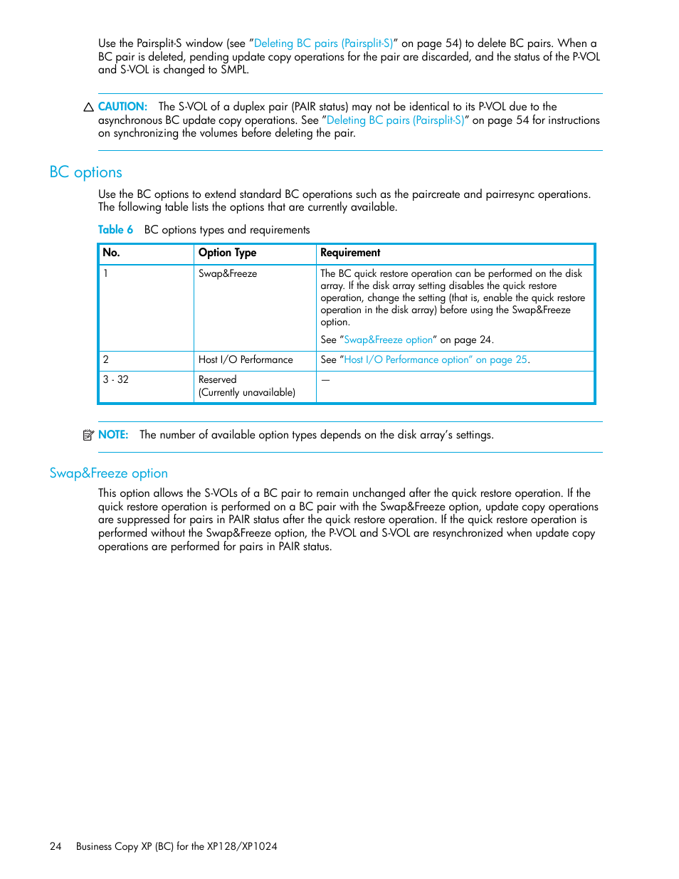 Bc options, Table 6 bc options types and requirements, Swap&freeze option | 6 bc options types and requirements | HP XP Business Copy Software User Manual | Page 24 / 70