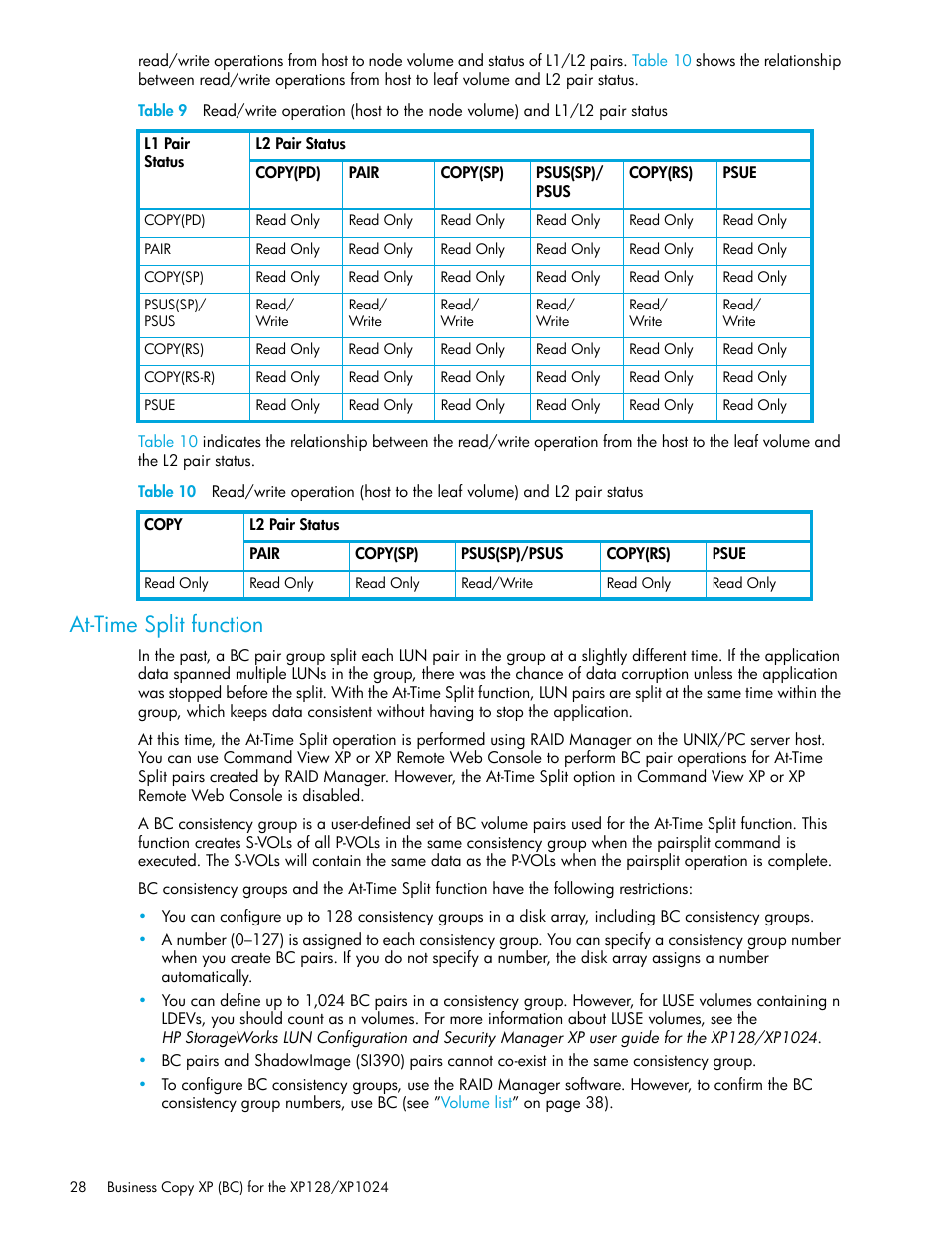 At-time split function, Table 9 | HP XP Business Copy Software User Manual | Page 28 / 70