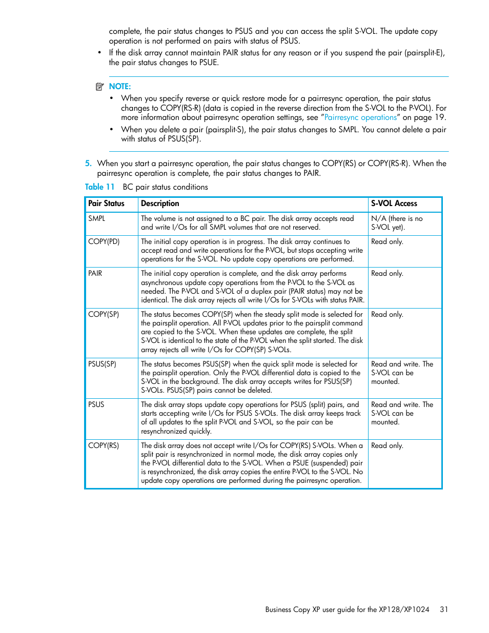 Table 11 bc pair status conditions, 11 bc pair status conditions | HP XP Business Copy Software User Manual | Page 31 / 70