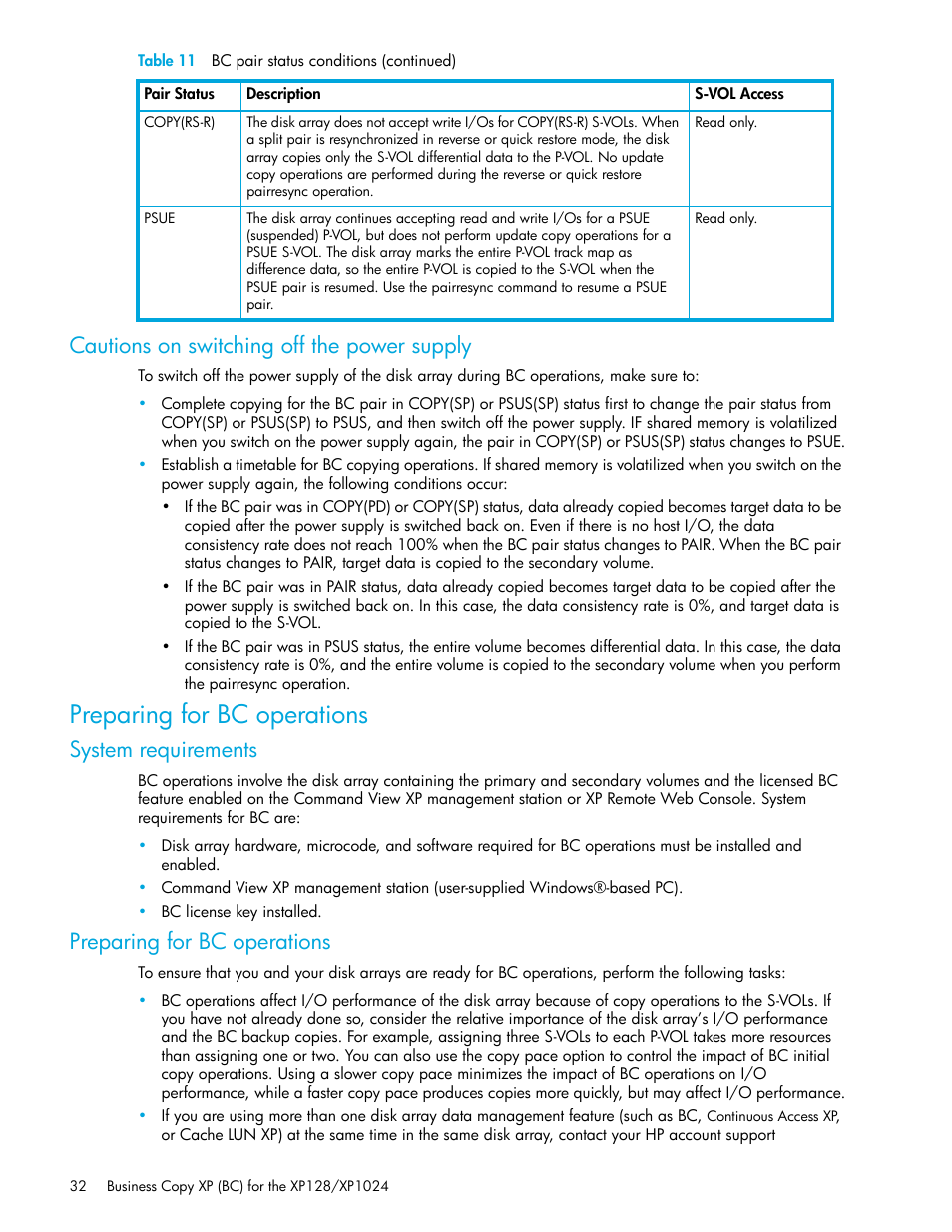 Cautions on switching off the power supply, Preparing for bc operations, System requirements | HP XP Business Copy Software User Manual | Page 32 / 70