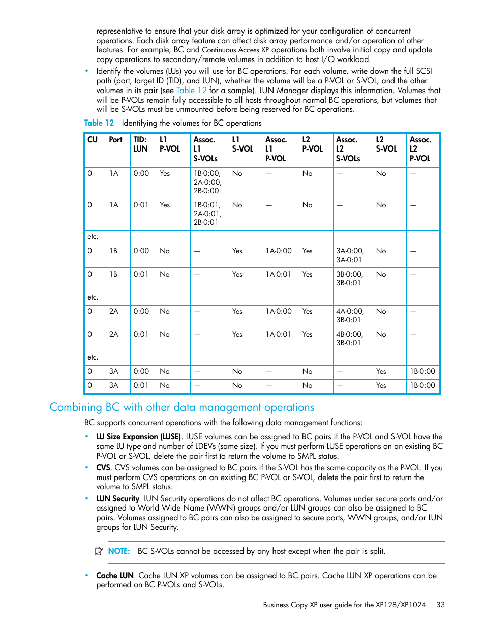 Table 12 identifying the volumes for bc operations, Combining bc with other data management operations, 12 identifying the volumes for bc operations | Combining bc with other data, Management operations | HP XP Business Copy Software User Manual | Page 33 / 70