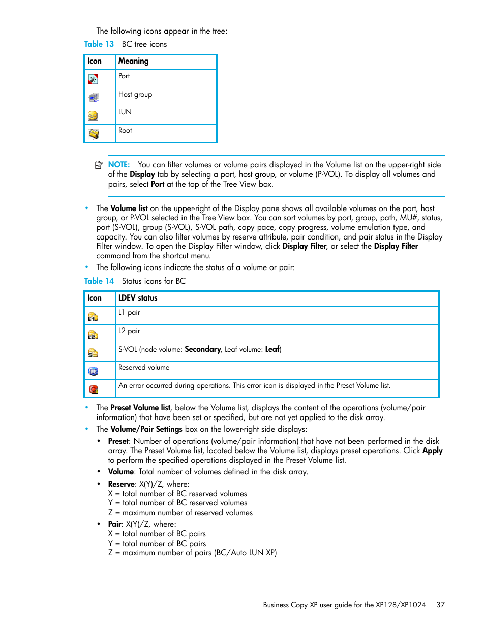 Table 13 bc tree icons, Table 14 status icons for bc, 13 bc tree icons | 14 status icons for bc | HP XP Business Copy Software User Manual | Page 37 / 70