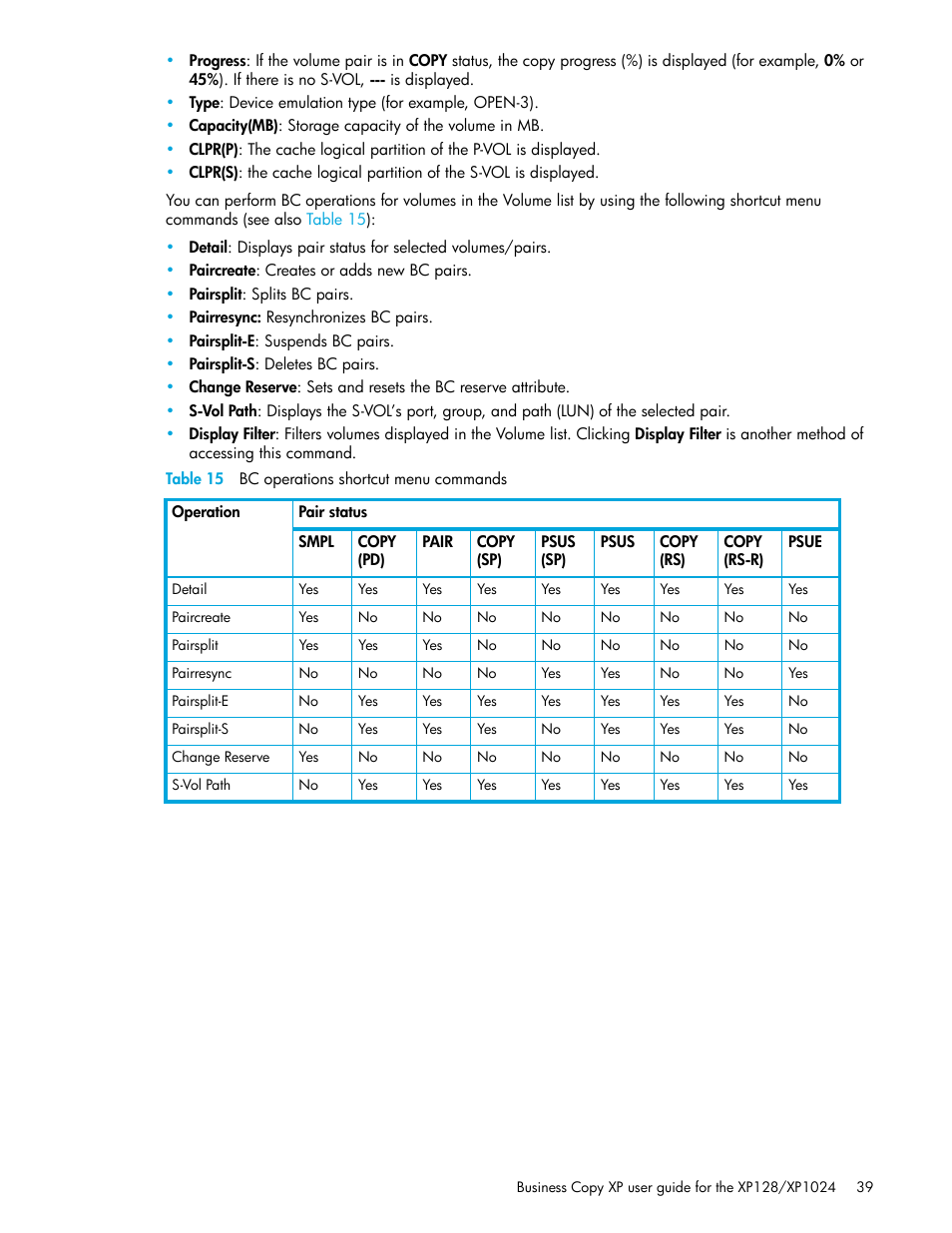 Table 15 bc operations shortcut menu commands, 15 bc operations shortcut menu commands, Table 15 | HP XP Business Copy Software User Manual | Page 39 / 70