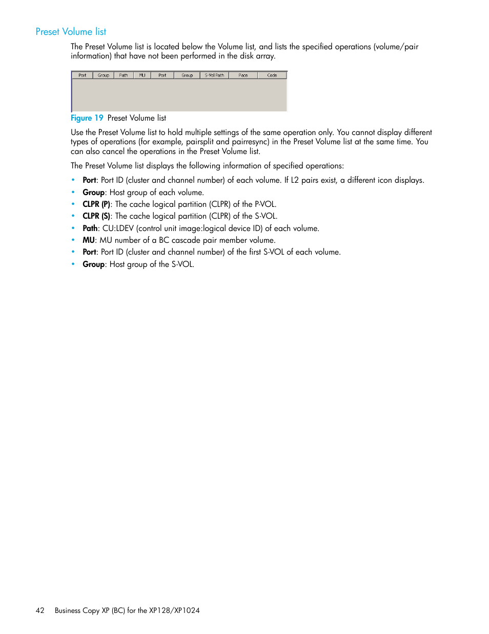 Preset volume list, Figure 19 preset volume list, 19 preset volume list | HP XP Business Copy Software User Manual | Page 42 / 70