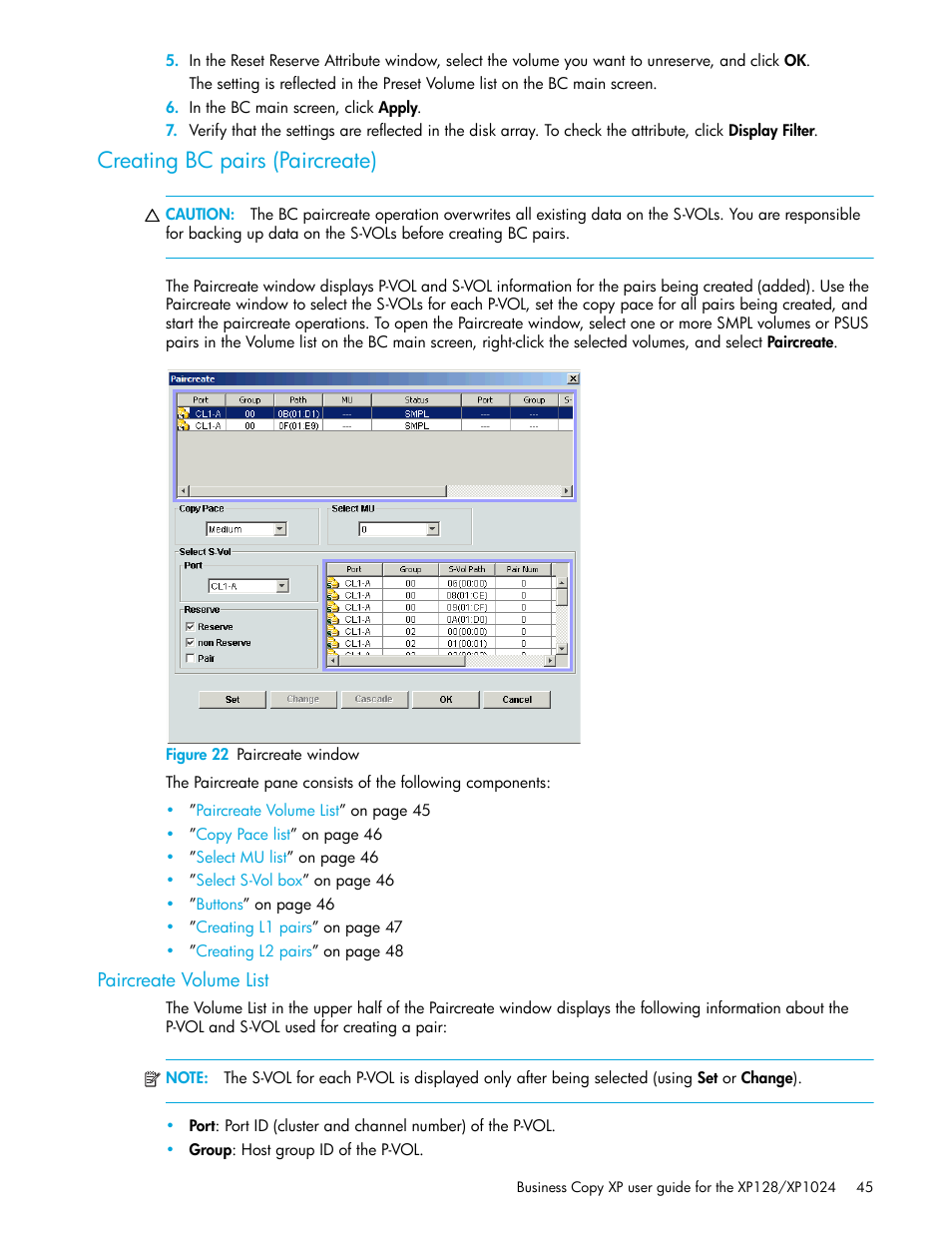 Creating bc pairs (paircreate), Figure 22 paircreate window, Paircreate volume list | 22 paircreate window, Creating bc, Pairs (paircreate) | HP XP Business Copy Software User Manual | Page 45 / 70