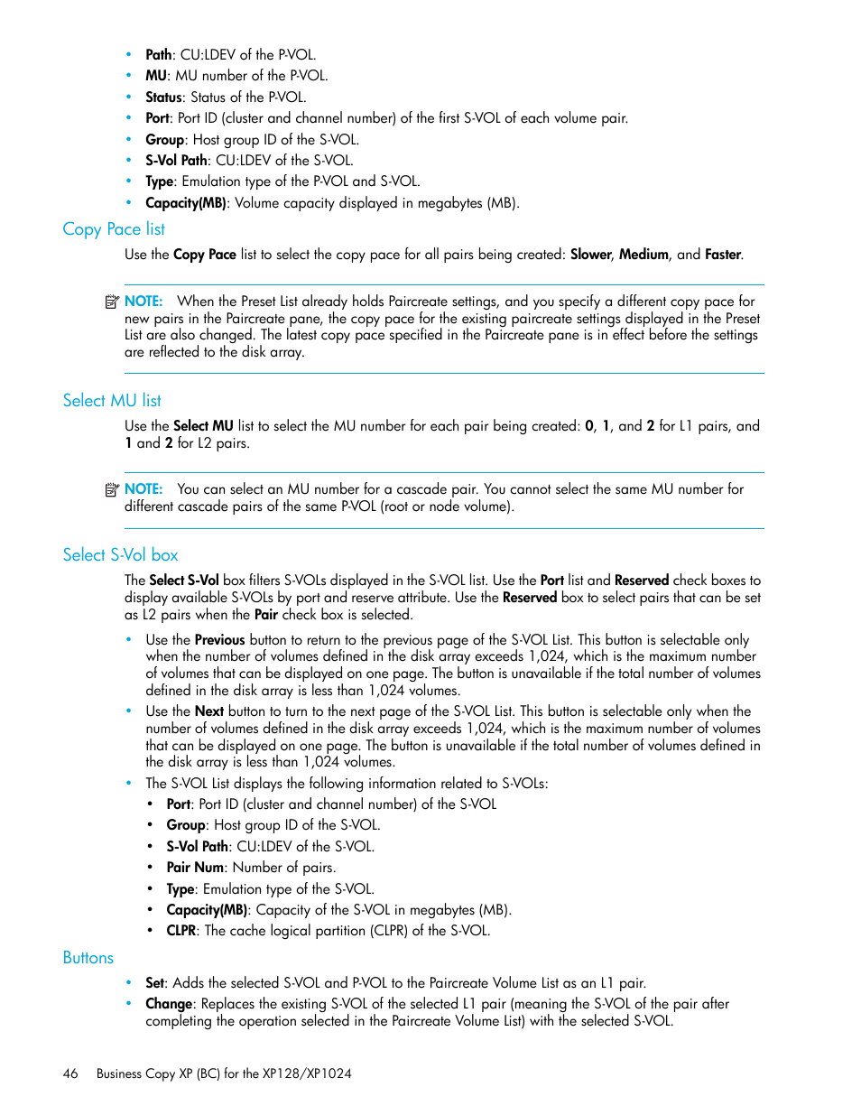 Copy pace list, Select mu list, Select s-vol box | Buttons | HP XP Business Copy Software User Manual | Page 46 / 70