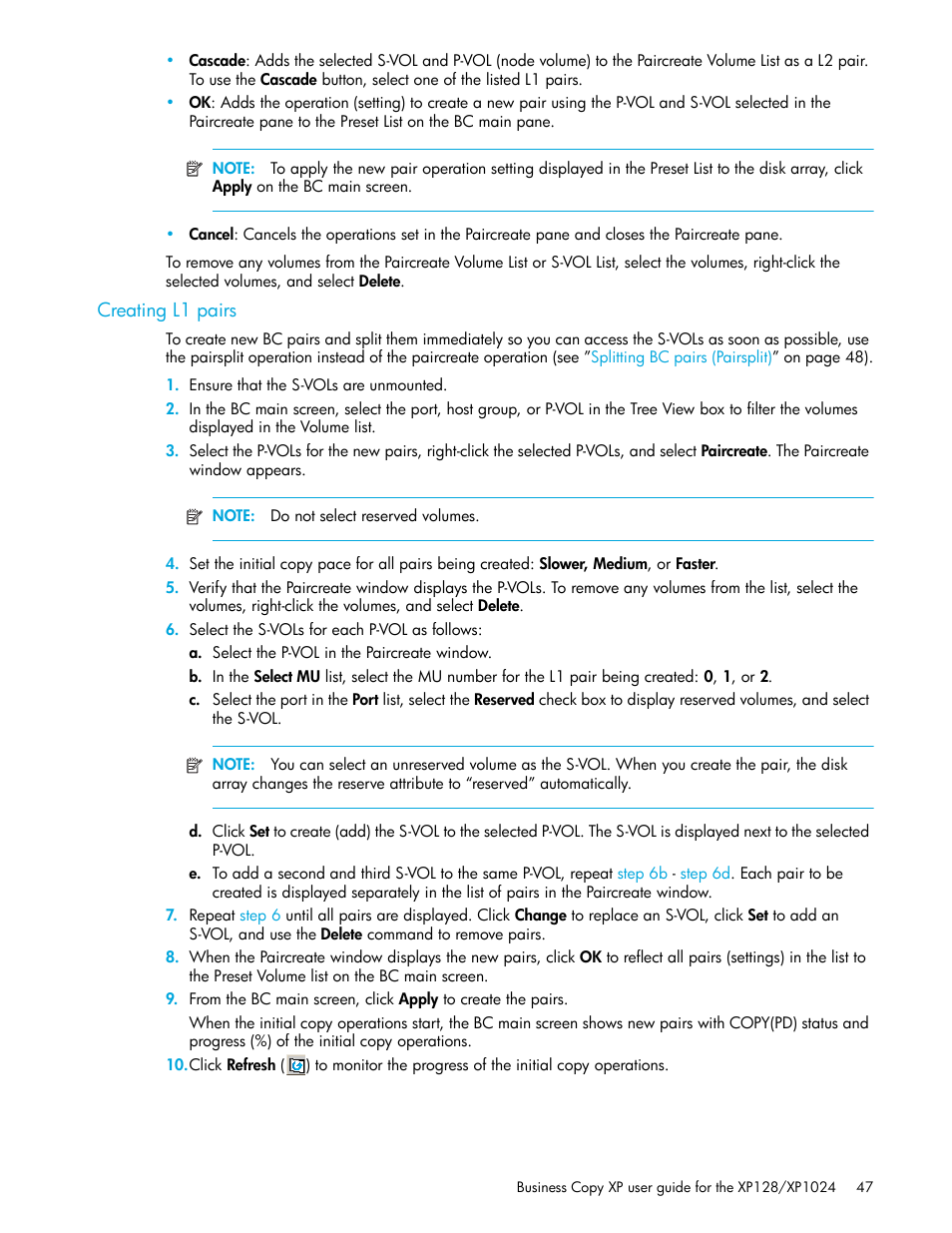 Creating l1 pairs | HP XP Business Copy Software User Manual | Page 47 / 70