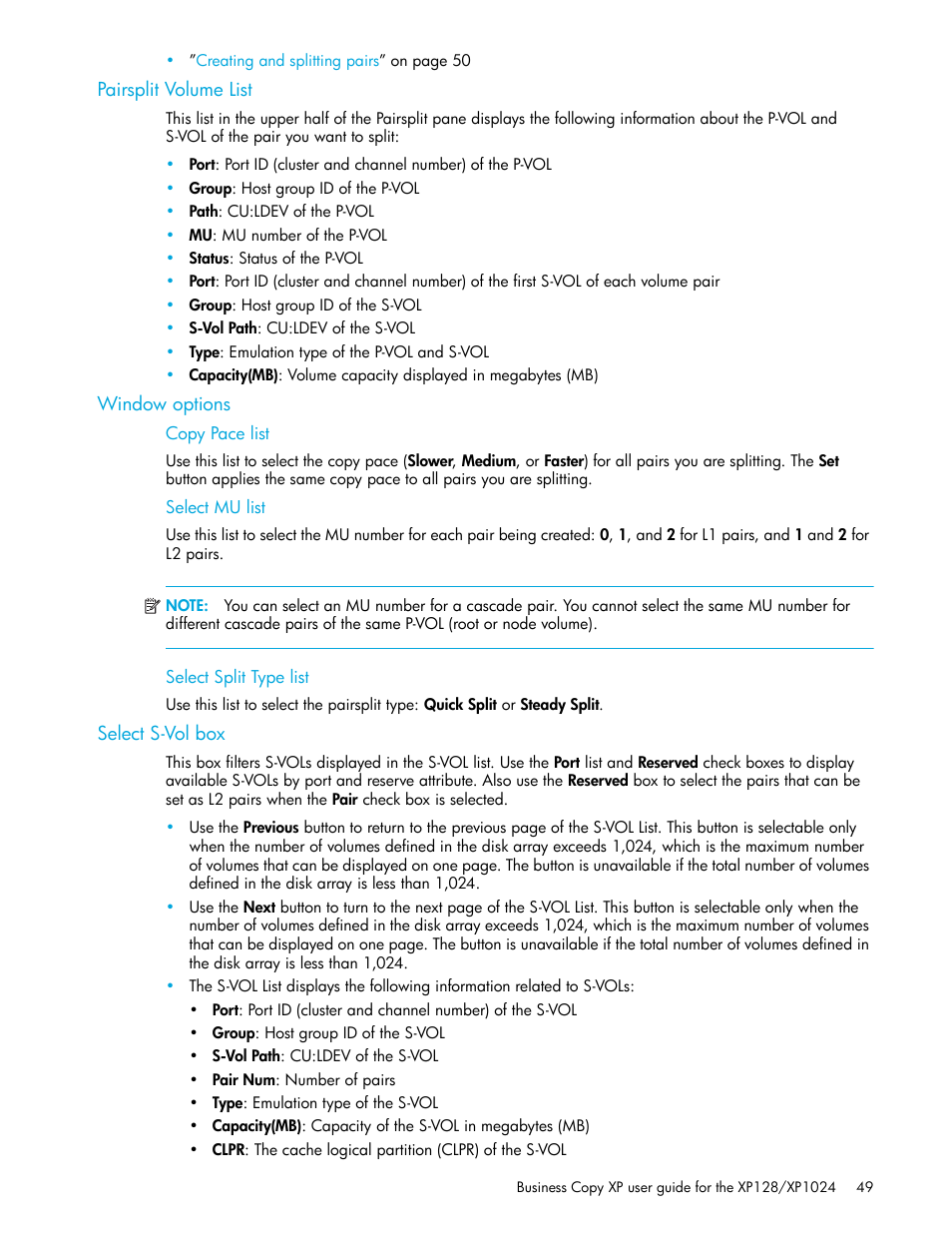 Pairsplit volume list, Window options, Copy pace list | Select mu list, Select split type list, Select s-vol box | HP XP Business Copy Software User Manual | Page 49 / 70