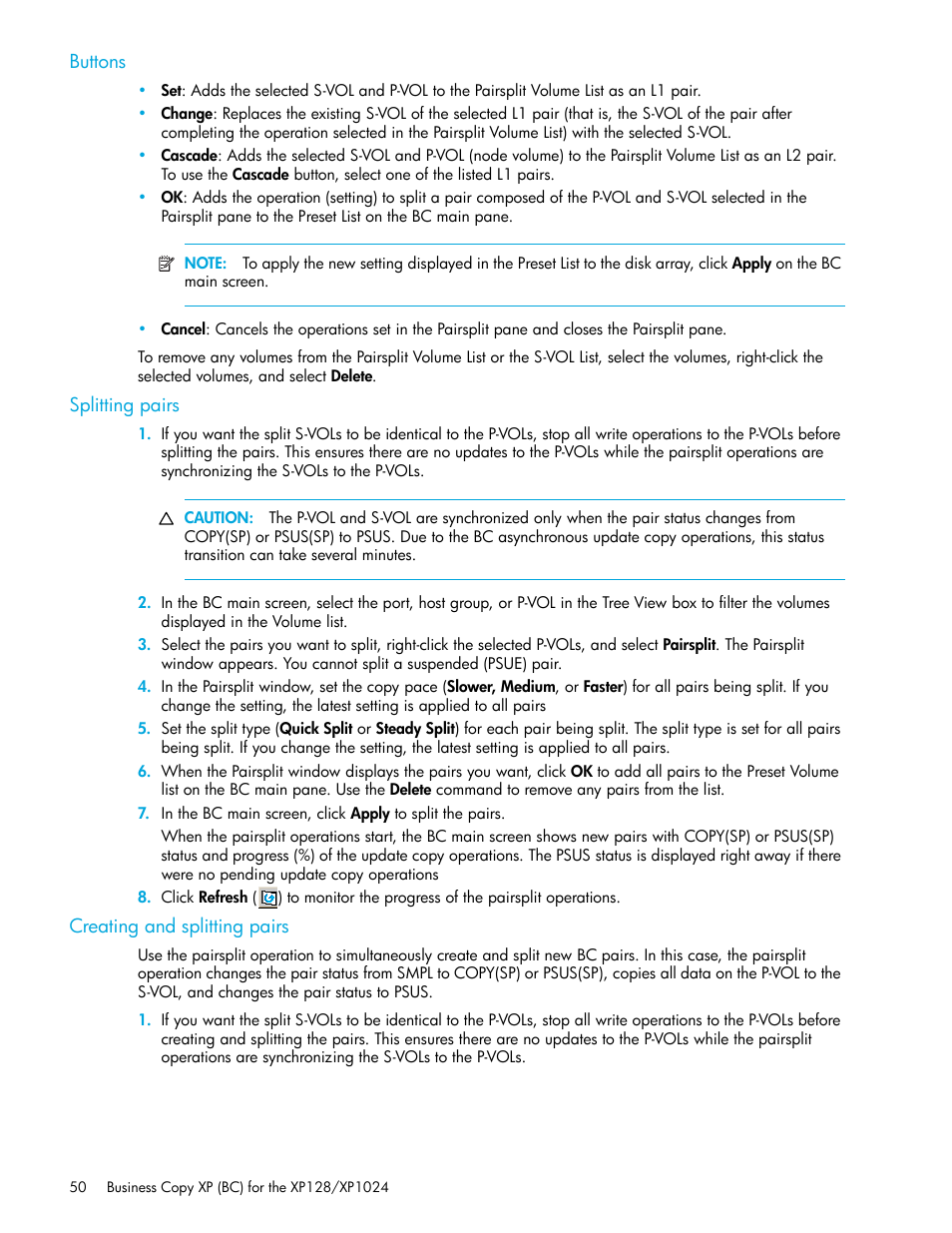 Buttons, Splitting pairs, Creating and splitting pairs | HP XP Business Copy Software User Manual | Page 50 / 70