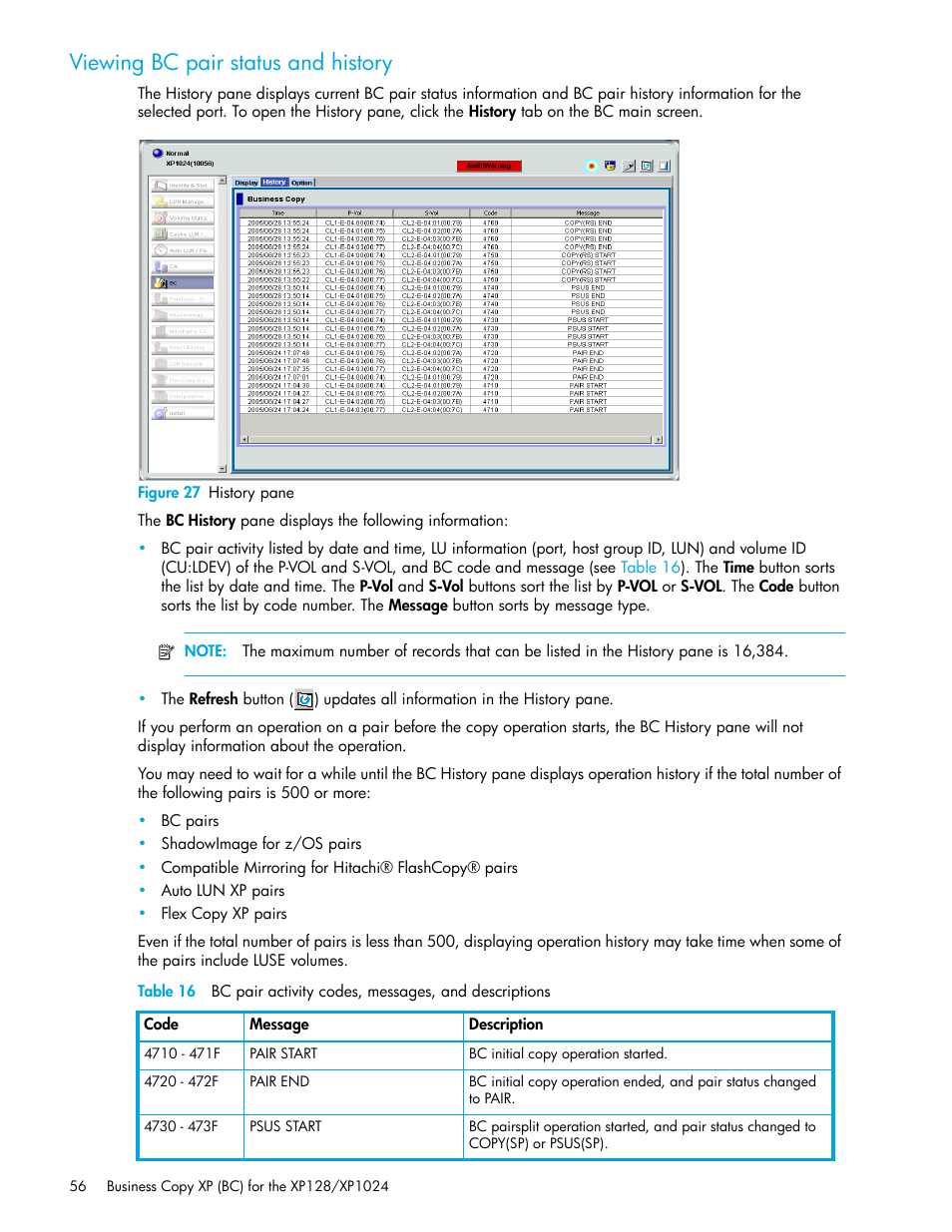 Viewing bc pair status and history, Figure 27 history pane, 27 history pane | Viewing bc pair status and, History | HP XP Business Copy Software User Manual | Page 56 / 70