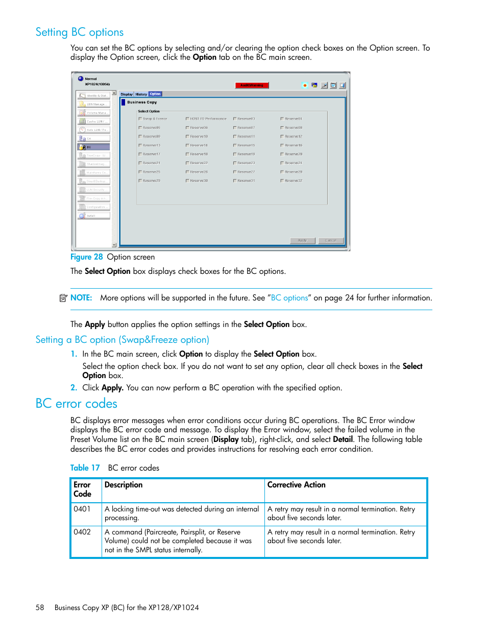 Setting bc options, Figure 28 option screen, Setting a bc option (swap&freeze option) | Bc error codes, Table 17 bc error codes, 28 option screen, 17 bc error codes | HP XP Business Copy Software User Manual | Page 58 / 70