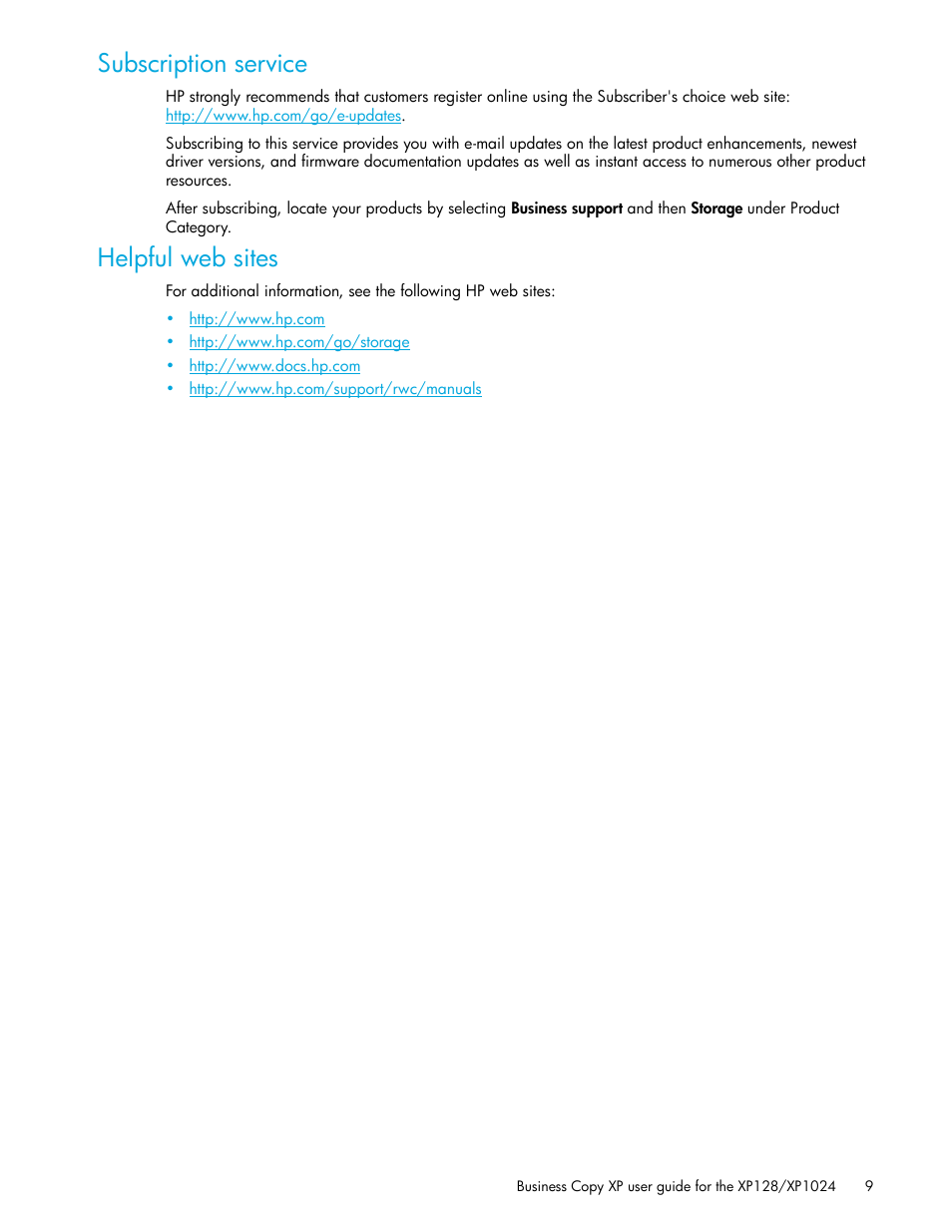 Subscription service, Helpful web sites | HP XP Business Copy Software User Manual | Page 9 / 70