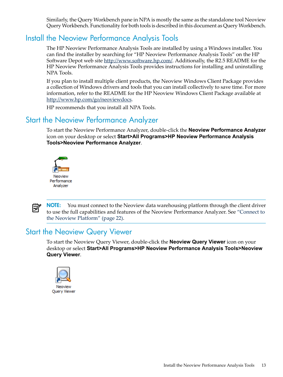 Install the neoview performance analysis tools, Start the neoview performance analyzer, Start the neoview query viewer | HP Neoview Release 2.5 Software User Manual | Page 13 / 114