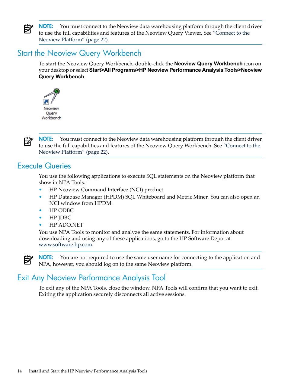 Start the neoview query workbench, Execute queries, Exit any neoview performance analysis tool | HP Neoview Release 2.5 Software User Manual | Page 14 / 114