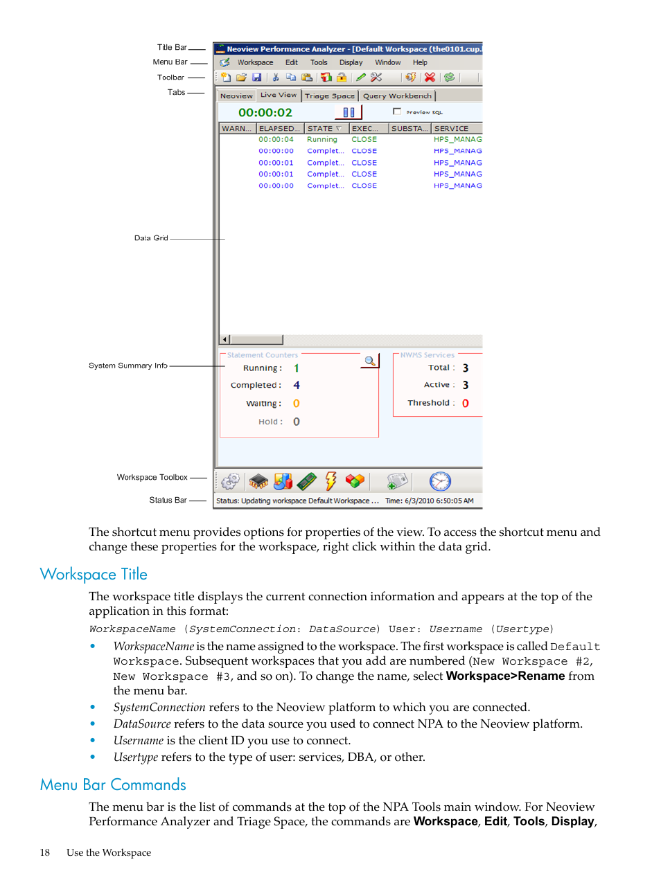 Workspace title, Menu bar commands, Workspace title menu bar commands | HP Neoview Release 2.5 Software User Manual | Page 18 / 114