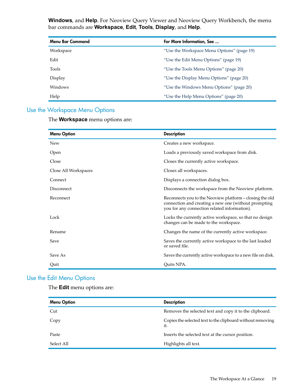 Use the workspace menu options, Use the edit menu options | HP Neoview Release 2.5 Software User Manual | Page 19 / 114