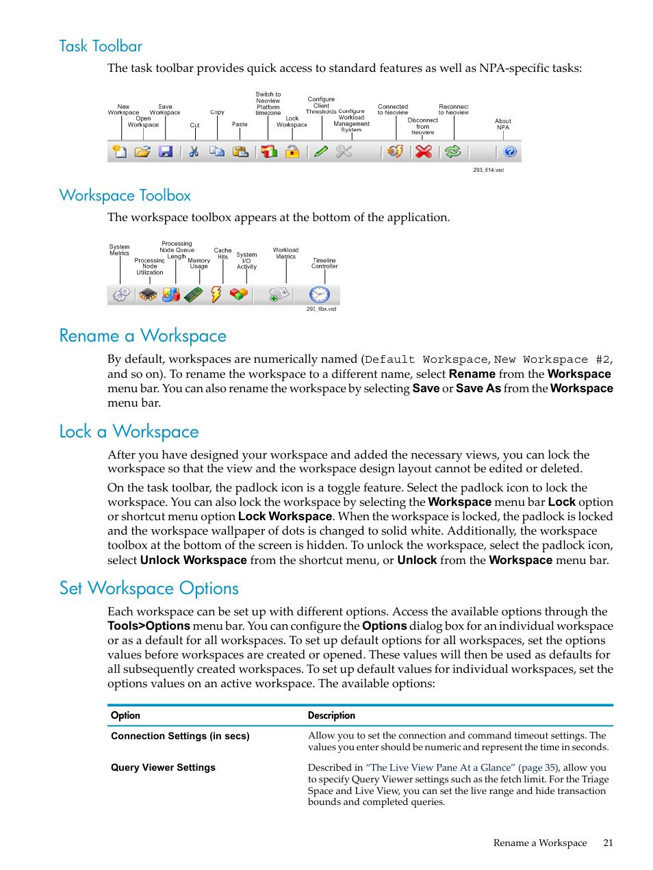 Task toolbar, Workspace toolbox, Rename a workspace | Lock a workspace, Set workspace options, Task toolbar workspace toolbox | HP Neoview Release 2.5 Software User Manual | Page 21 / 114