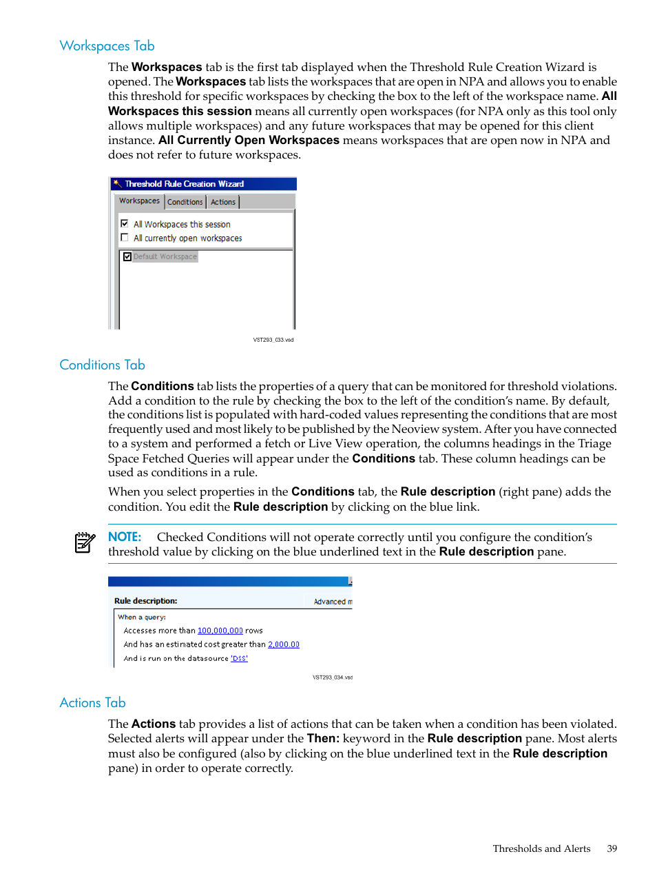 Workspaces tab, Conditions tab, Actions tab | Workspaces tab conditions tab actions tab | HP Neoview Release 2.5 Software User Manual | Page 39 / 114