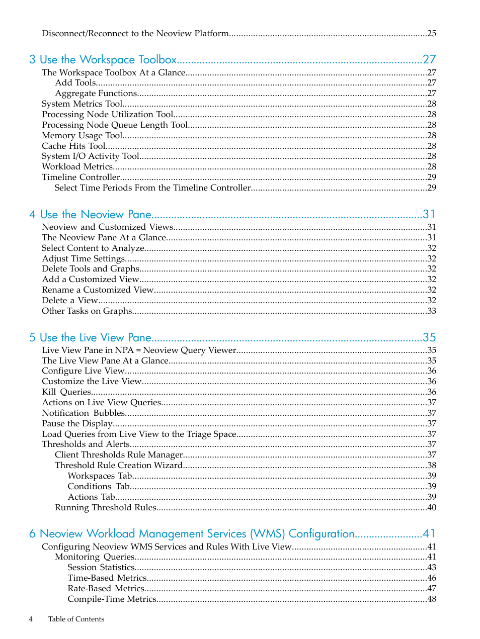 3 use the workspace toolbox, 4 use the neoview pane, 5 use the live view pane | HP Neoview Release 2.5 Software User Manual | Page 4 / 114