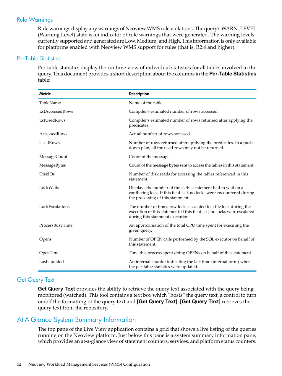 Rule warnings, Per-table statistics, Get query text | At-a-glance system summary information, Rule warnings per-table statistics get query text | HP Neoview Release 2.5 Software User Manual | Page 52 / 114