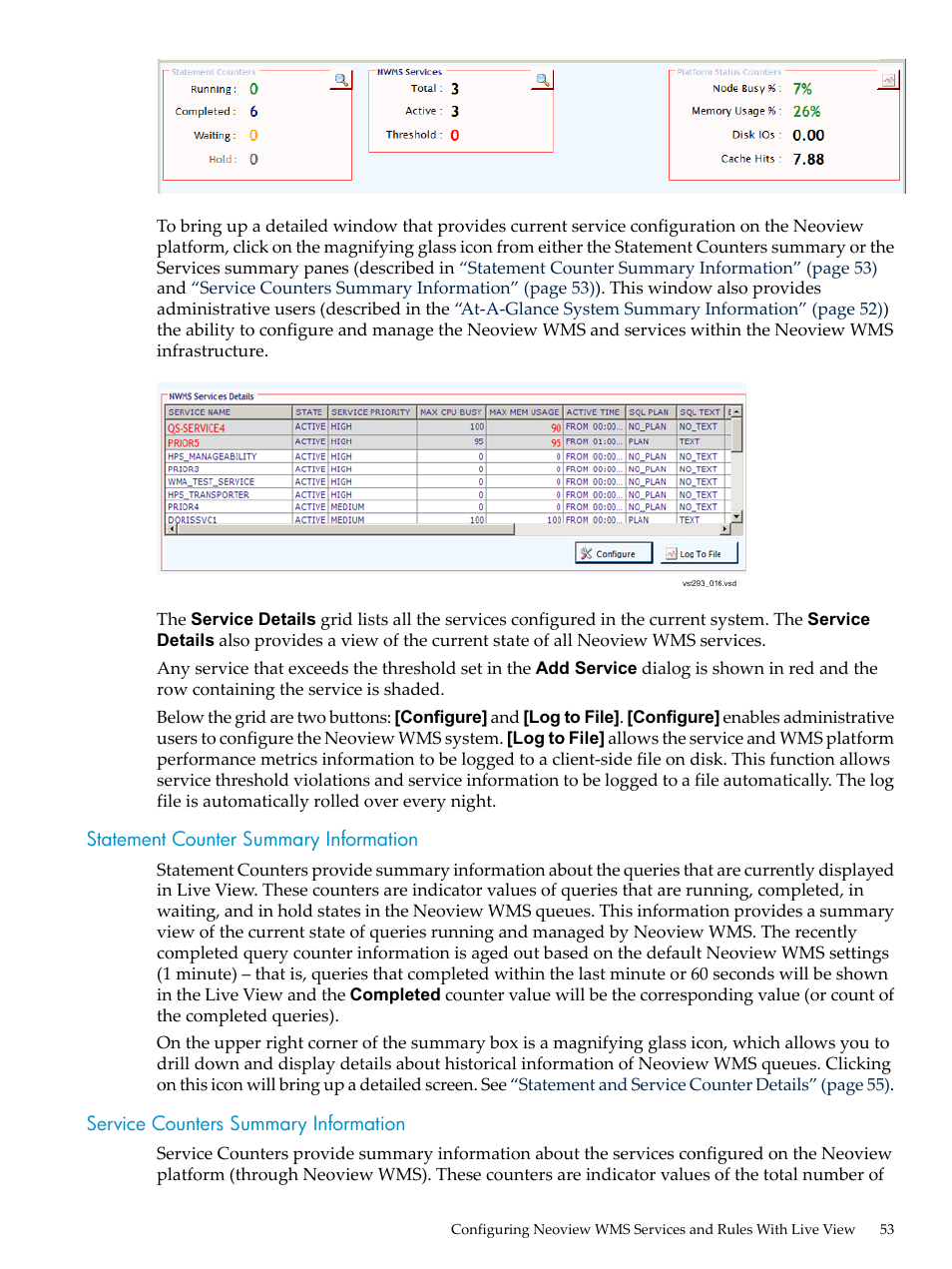 Statement counter summary information, Service counters summary information | HP Neoview Release 2.5 Software User Manual | Page 53 / 114