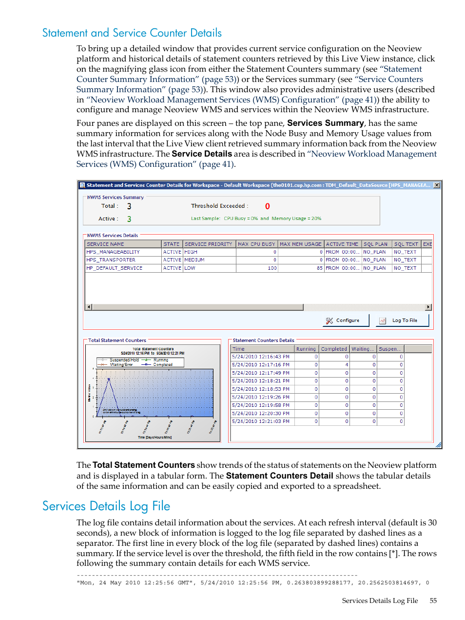 Statement and service counter details, Services details log file | HP Neoview Release 2.5 Software User Manual | Page 55 / 114