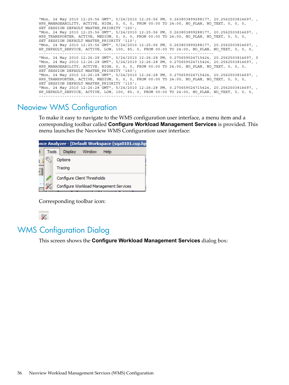 Neoview wms configuration, Wms configuration dialog, Neoview wms configuration wms configuration dialog | HP Neoview Release 2.5 Software User Manual | Page 56 / 114