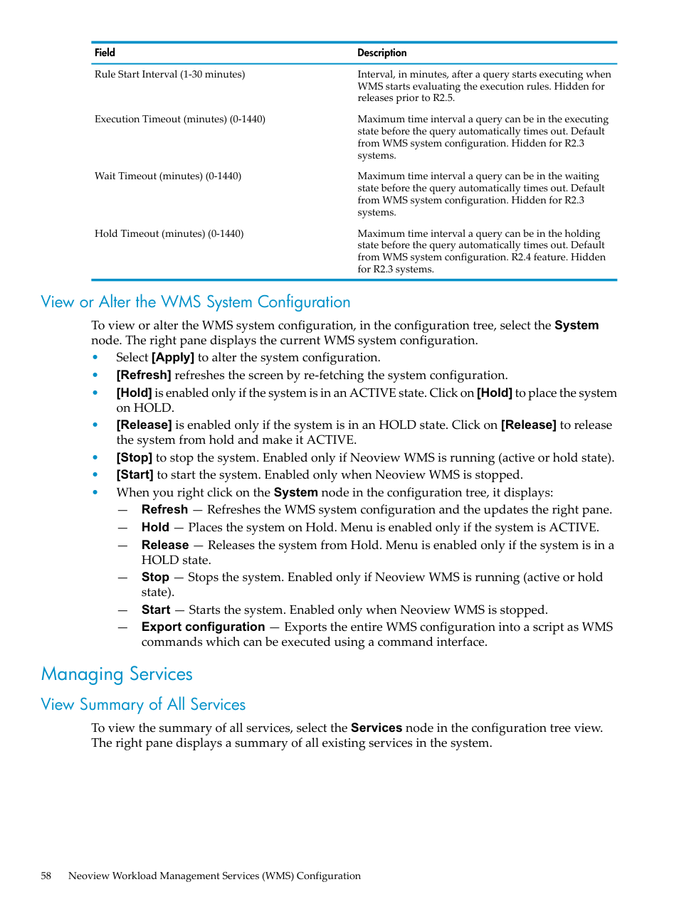 View or alter the wms system configuration, Managing services, View summary of all services | HP Neoview Release 2.5 Software User Manual | Page 58 / 114