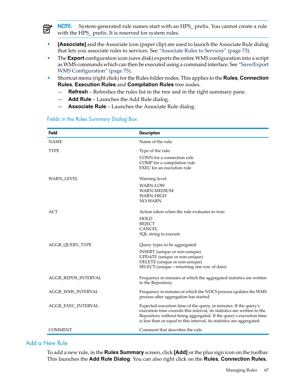 Fields in the rules summary dialog box, Add a new rule | HP Neoview Release 2.5 Software User Manual | Page 67 / 114