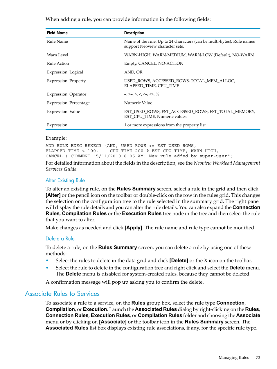 Alter existing rule, Delete a rule, Associate rules to services | Alter existing rule delete a rule | HP Neoview Release 2.5 Software User Manual | Page 73 / 114